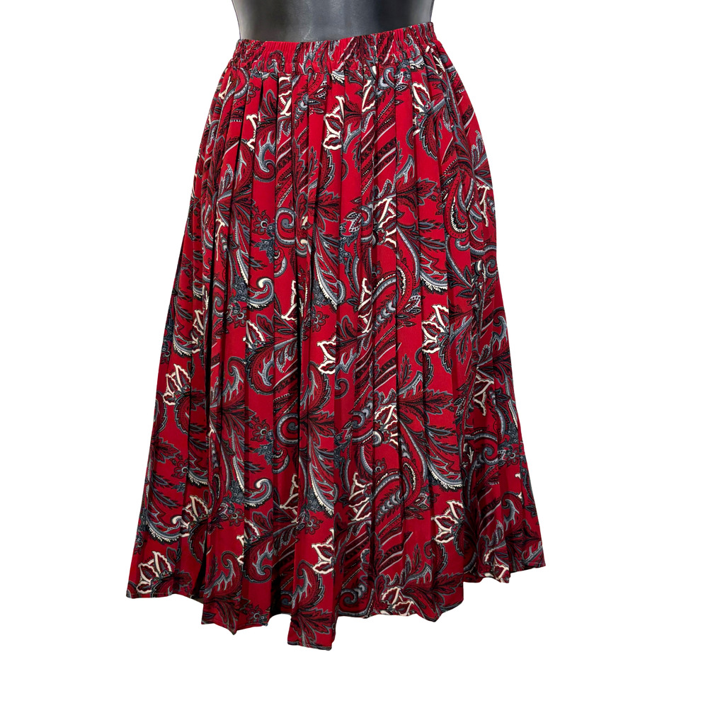 Burgundy Red Gray Skirt Vintage Midi Skirt 10 Paisley Pleated Cottagecore Preppy